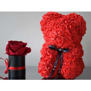 Piros rózsa mackó, rózsa plüssmackó, műrózsa mackó, ajándék nőnek, Valentin-napi ajándék, évfordulós ajándék, születésnapi ajándék - Ajándék ötlet Valentin-napra