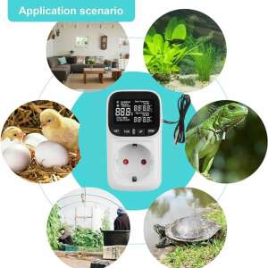 ZEEVOS intelligent programmable thermostat socket with temperature sensor, showing usage examples for heating and cooling systems, aquariums, terrariums, greenhouses, and more - Smart home accessories and accessories