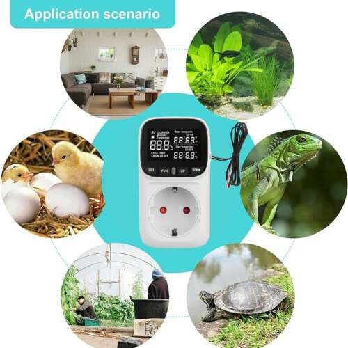 ZEEVOS intelligent programmable thermostat socket with temperature sensor, showing usage examples for heating and cooling systems, aquariums, terrariums, greenhouses, and more