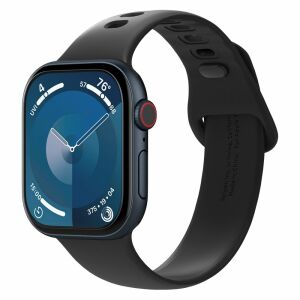 Apple Watch 10 (42mm) z folią ochronną Spigen ELITE SHIELD EZ FIT i czarnym paskiem - Spigen
