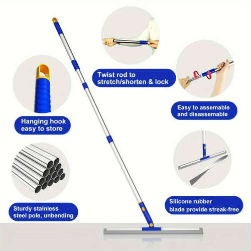 Mágikus seprű jellemzői: állítható nyél, könnyű összeszerelés, rozsdamentes acél rúd, szilikon gumi penge