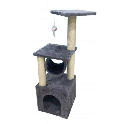 Pepita 3-tier cat play center in gray, featuring a scratching post, a hideaway, and multiple platforms