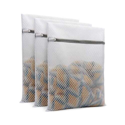 3 db fehér hálós mosózsák szett szürke cipzárral