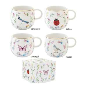 4 db-os Fancy Garden porcelán bögre szett, 400ml-es, különböző virágmintákkal, szitakötővel, katicabogárral, pillangóval és madárral - Nonbrand Bögre