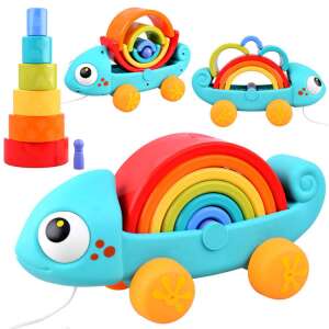 Regenbogen Chamäleon Ziehspielzeug mit Stapelringen, Montessori Lernspielzeug für Kleinkinder, Ziehspielzeug, Stapelspielzeug, Buntes Spielzeug, Entwicklungsspielzeug - Hola