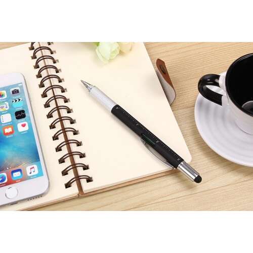 Black 6-in-1 multifunction pen with ruler, level, screwdriver, and stylus
