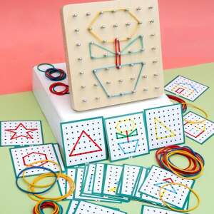 Creative development game for kids, wooden board with pegs and rubber bands for making shapes, includes cards with shapes to copy - Nonbrand Developmental Toy for Preschooler