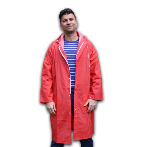 Red raincoat with hood, BSP Guard Easy Fit model, front view
