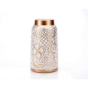 White ceramic vase with gold rim and floral pattern, Curves decorative vase - Vase
