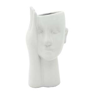 White ceramic vase in the shape of a human head with a hand covering the face, decorative vase, modern design, home decor, table decor - Vase
