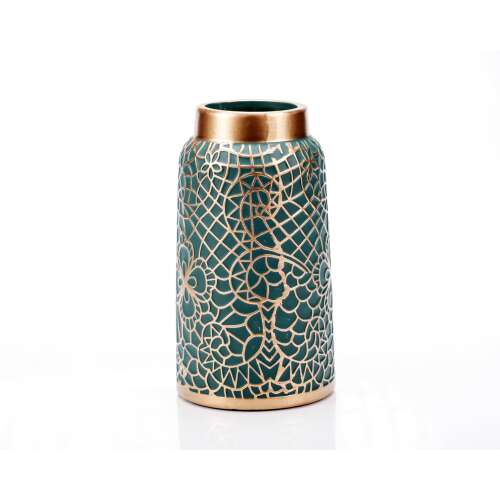 Green ceramic vase with gold details and floral pattern, Curves decorative vase