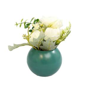 White artificial flower arrangement in a teal round vase, 17cm - Artificial Plant & Flower