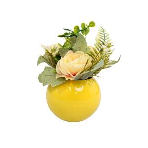 Yellow round vase with artificial flowers, home decor - Artificial Plant & Flower