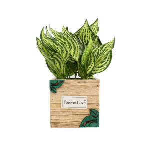Artificial plant in wooden pot, green leaves, Forever Love label - Artificial Plant & Flower