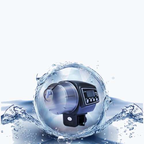 Automatic fish feeder for aquariums, black, with digital display and clear container, surrounded by water