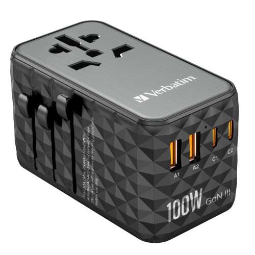 Verbatim Uniwersalny Adapter Podróżny GaN III UTA-06, 100W, 2 USB-C PD, 2 USB-A QC 3.0, czarny