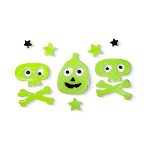 Glow in the dark Halloween window decorations, featuring a pumpkin, skulls and crossbones, and stars - Halloween decoration