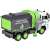 Widok z tyłu zabawki ciężarówki śmieciarskiej zdalnie sterowanej z podnoszonym pojemnikiem, zielona i biała