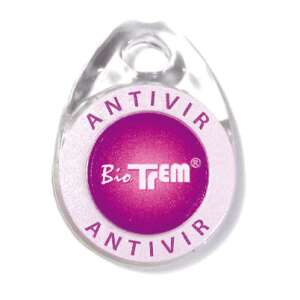 BioTrem Antivir Medal, a small, clear, round pendant with a pink BioTrem logo - Health Support Device