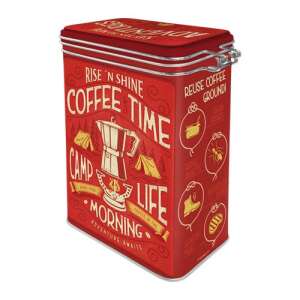 Red metal coffee storage tin with 'Rise 'n Shine Coffee Time' design, perfect for storing coffee beans or grounds - Kitchen Storage Container