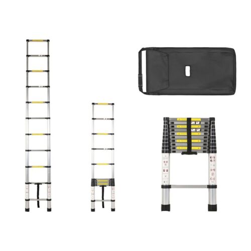 Haina 5-meter Telescopic Aluminum Ladder, extended and folded with carry bag
