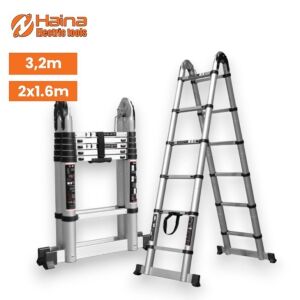 Haina 3.2m Telescopic Ladder, Aluminum, Folded and Extended - Ladder and Step Stool