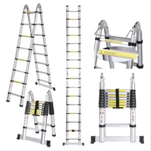 Collage of Haina 5m telescopic ladder in various configurations - Ladder and Step Stool