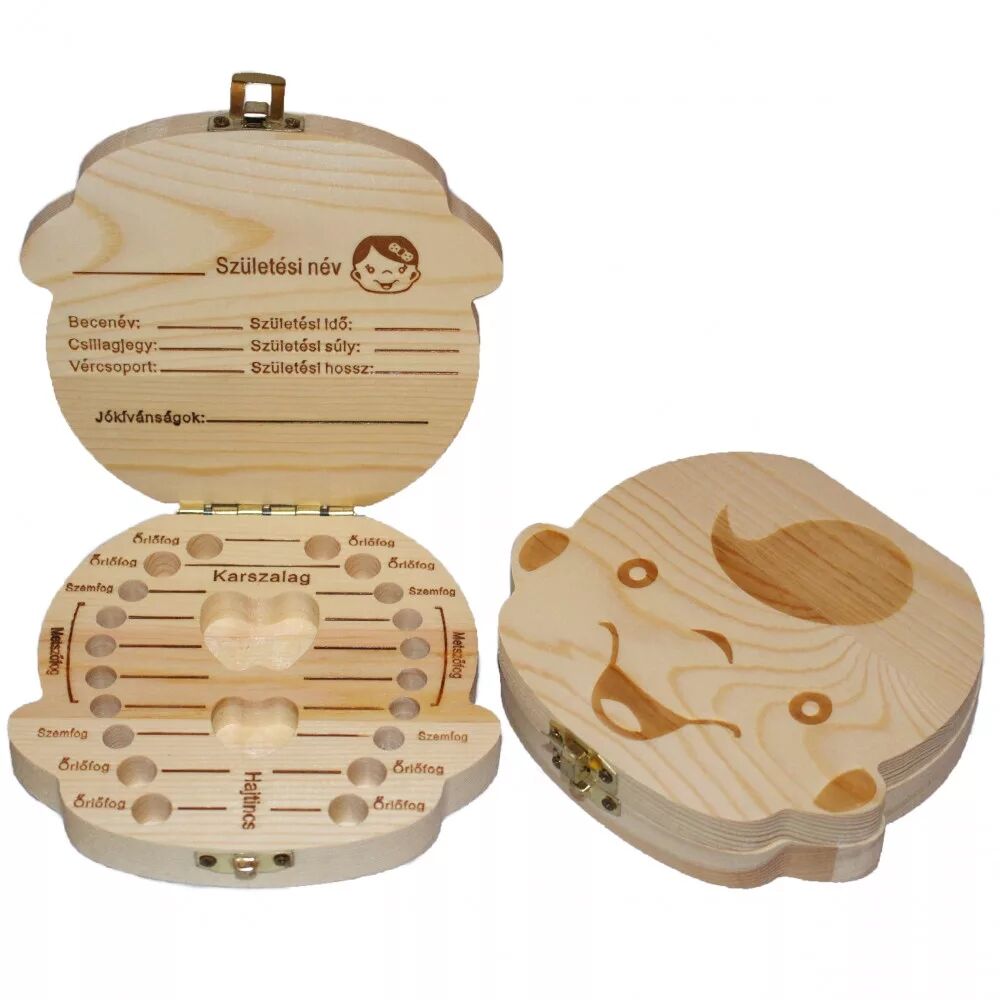 Wooden Baby Tooth Keepsake Box, a lasting memory for everyone! With Hungarian text