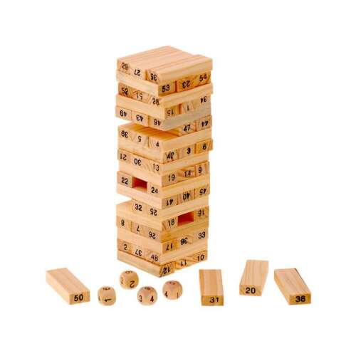 Jenga társasjáték felállítva, fa blokkok egymásra rakva, toronyépítő játék, családi szórakozás, parti játék, gyerekeknek, felnőtteknek, asztali játék, ügyességi játék, stratégiai játék, fa játék