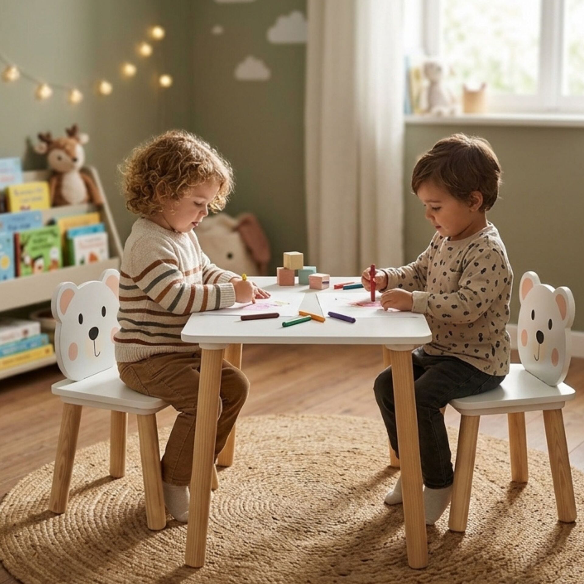 E-shop Pepita drevený detský stôl so stoličkami - Teddy - bielo-hnedý