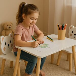Pepita fa Gyerekasztal Maci, white and brown kids table and chairs set with bear design, child drawing - Babies & Toddler
