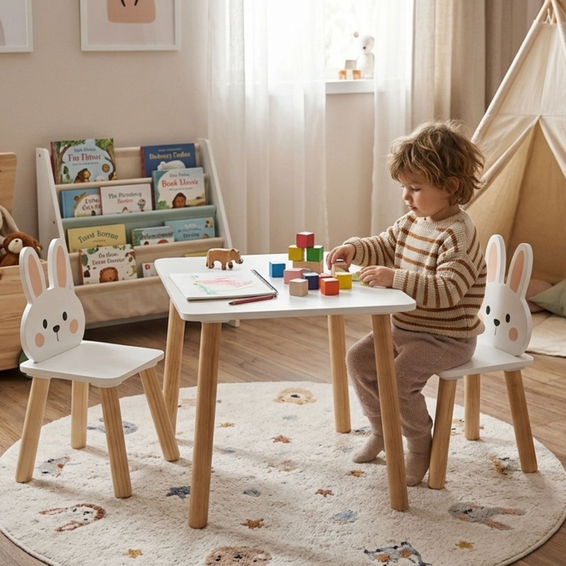 E-shop Detský drevený stôl Pepita so stoličkami - Bunny - bielo-hnedý