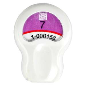 Triomed Antidiabetikus jeladó, a small white device with a purple and red sticker - Health Support Device