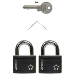 Set of 2 black Apollo padlocks with 4 keys, hardened steel, key lock, 6 pin tumbler - Padlock