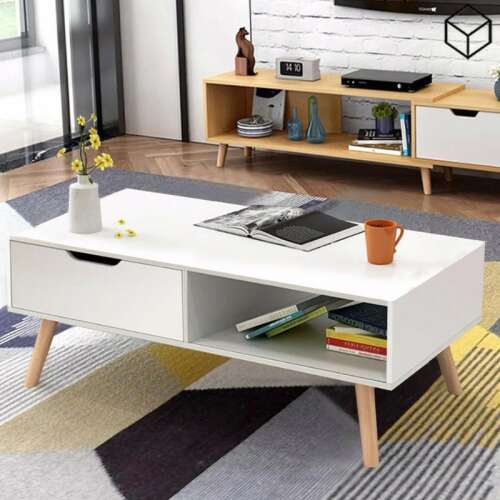 White coffee table with drawer and shelf, BC-01