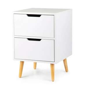 White bedside table with two drawers and wooden legs, BC-03 - Furniture