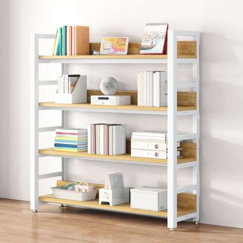 4-shelf bookcase, white metal frame with wood shelves, 60x30x145cm