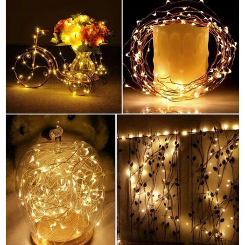 Colaj cu ghirlanda luminoasă Zelux 60 LED alb cald, utilizată în diverse aranjamente decorative.