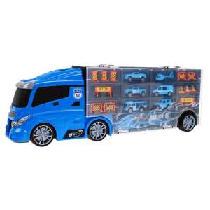 Blue police truck carry case with storage for toy cars, helicopter, and accessories - Ramiz