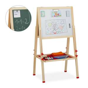 Állítható magasságú kétoldalas gyerekeknek való festőállvány, fehér tábla és fekete tábla, piros tálca, fa keret - Rajztábla