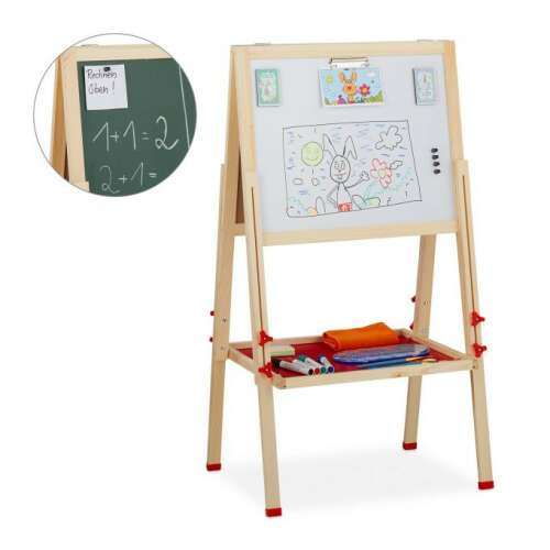 Állítható magasságú kétoldalas gyerekeknek való festőállvány, fehér tábla és fekete tábla, piros tálca, fa keret