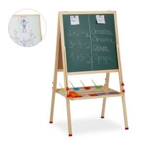 Kétoldalú fa rajztábla gyerekeknek, fekete tábla és fehér tábla, állítható magasság, polcokkal és csészékkel festéshez és rajzoláshoz - Rajztábla