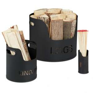 Matt fekete fém tűzifa tároló kosár szett, 3 db-os, rönkhöz, gyújtóshoz és gyufához - Tűzifa állvány