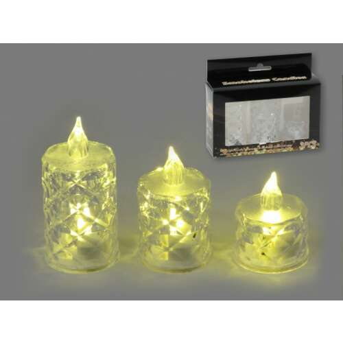 3 db LED tea light szett, 5/6,5/8cm, díszes üveg mintával