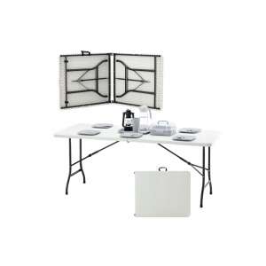 White folding table with black legs, 180 x 75 x 72 cm, for garden, camping, or parties - GardenLine