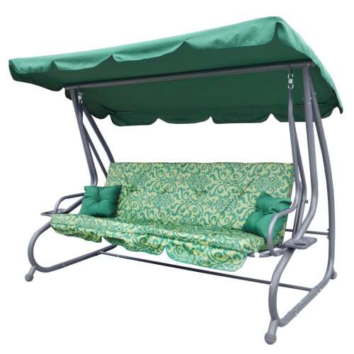 Zöld mintás kerti hintaágy napernyővel, Kerti hintaágy zöld mintás 214x168x114 masszív kivitelben