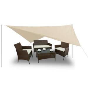 Beige triangular sun sail providing shade over a patio furniture set - Garden
