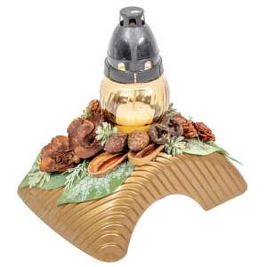 Arany sírdísz üvegmécsessel és szárazvirággal, 21x21cm - Kegyeleti dekoráció