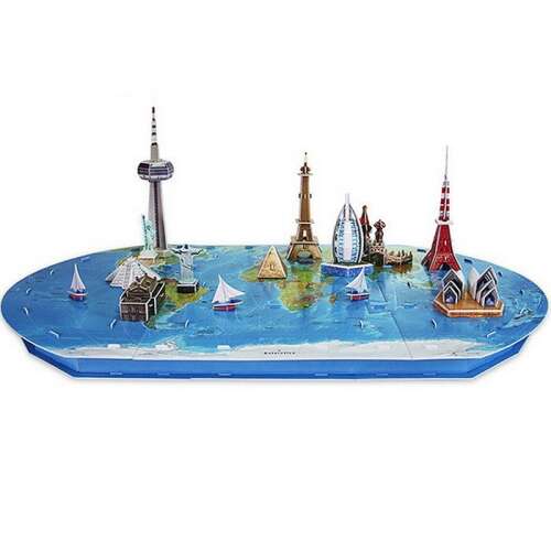 Puzzle 3D Harta Lumii cu Clădiri Famoase, 136 de piese, puzzle asamblat cu repere celebre