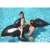 Bestway inflatable whale, black and white, 203 x 102 cm, being used in a pool by a child and an adult